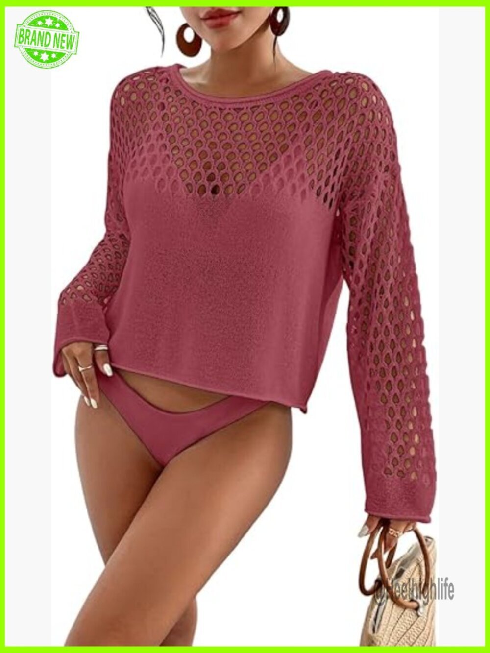 Long Sleeve Knit Beach Cover Up, Recycled Polyester, Size Large